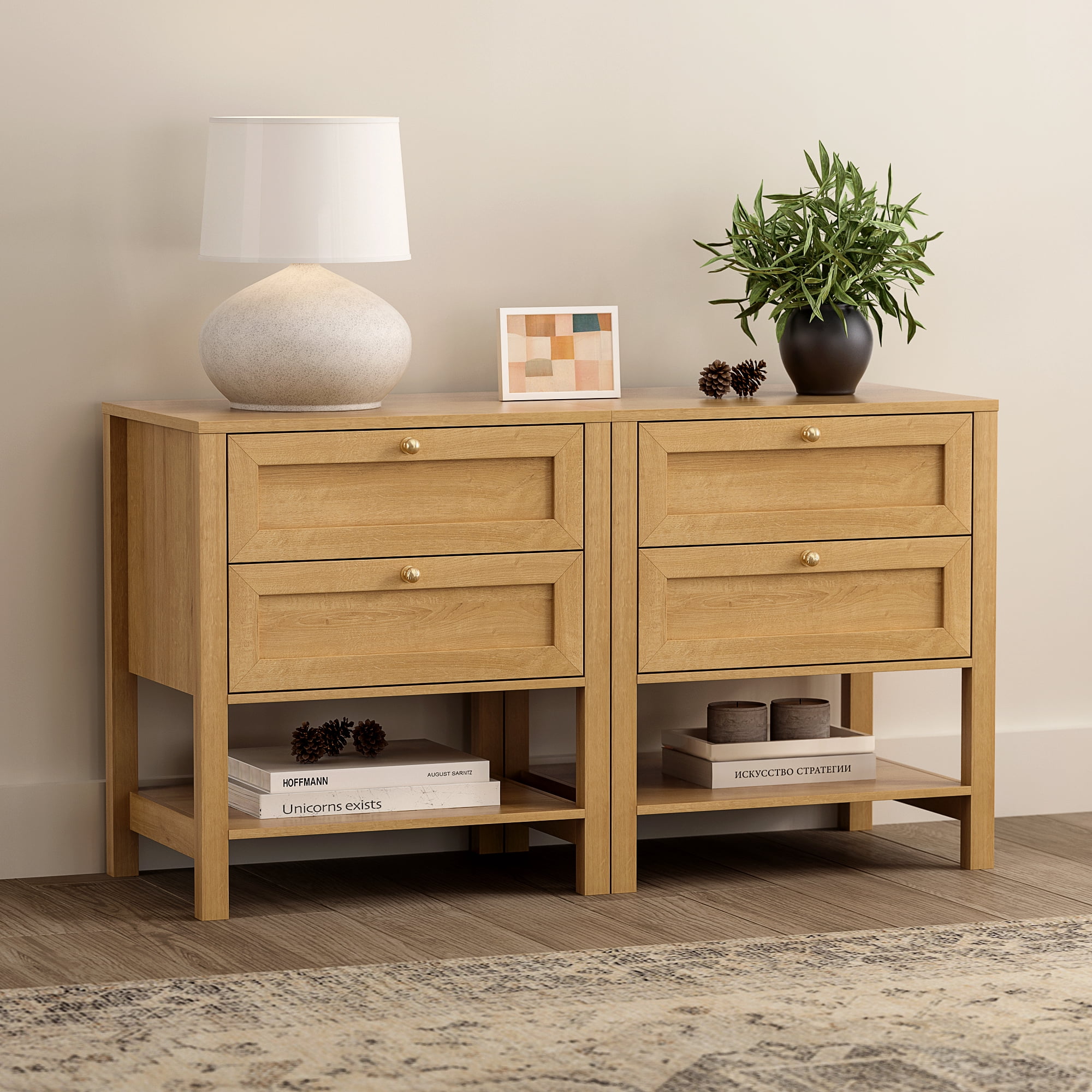 EYYTHUNG Large Nightstand with 2 Drawers, Large Farmhouse Wood Bedside Table with Open Shelf, 22" Wide Tall End Table for Sofa, Bedroom, Natural Oak