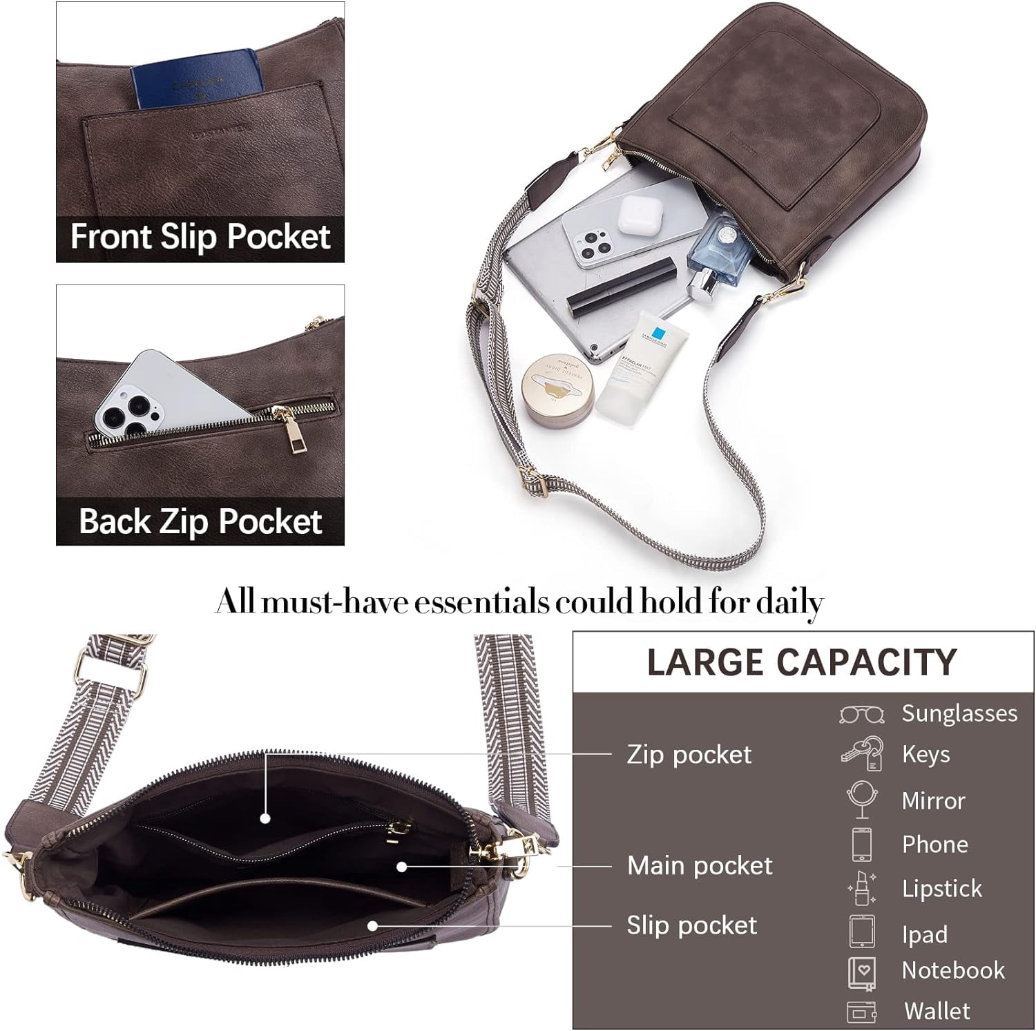 Crossbody Bags for Women Trendy Vegan Leather Hobo Handbags Fashion Shoulder Purse with Adjustable Guitar Strap