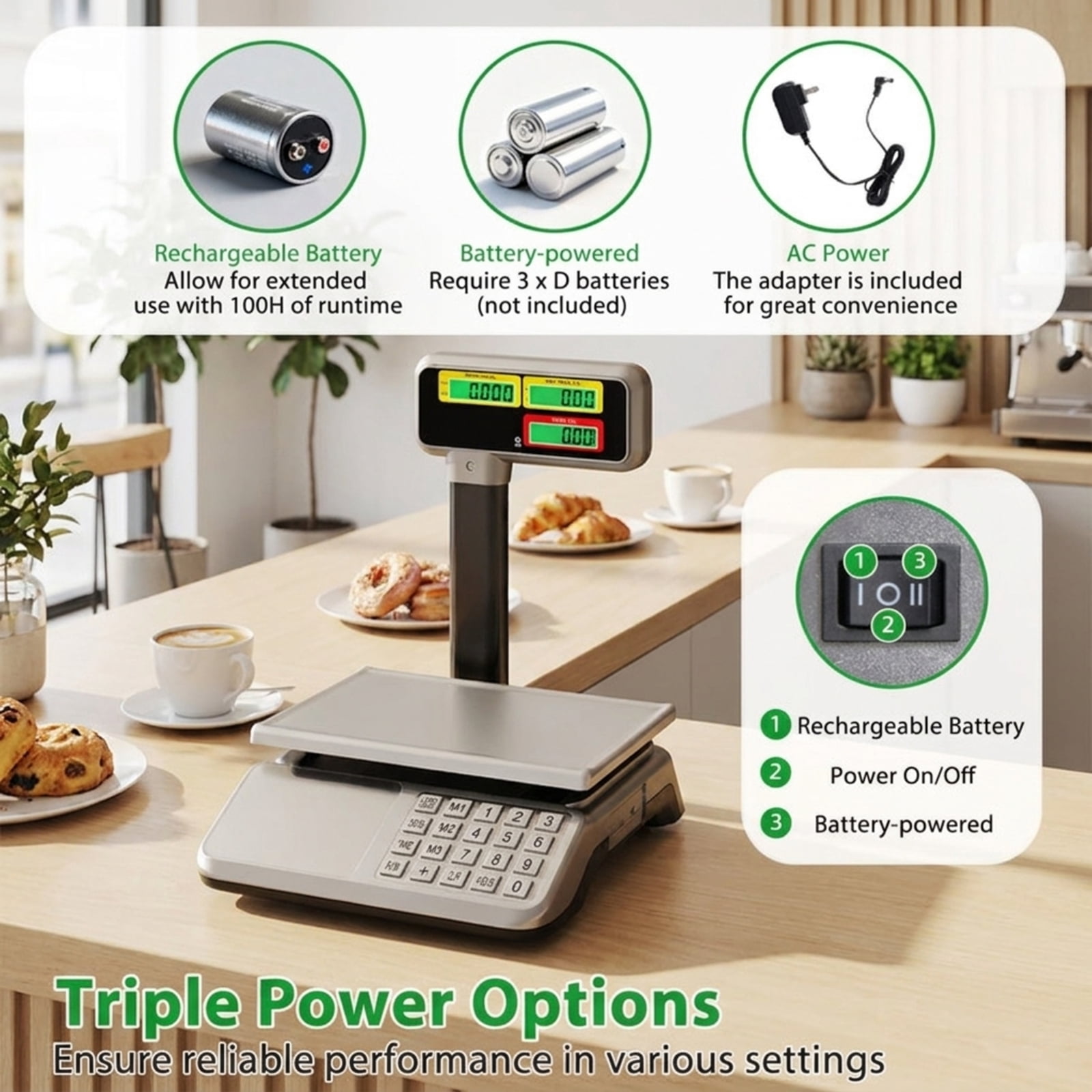 RUIE 88lb Price Computing Scale with Pole Dual LCD Display, Digital Commercial Food Scale with Counting Function and Rechargeable Battery for Deli Market Grocery Store, Silver