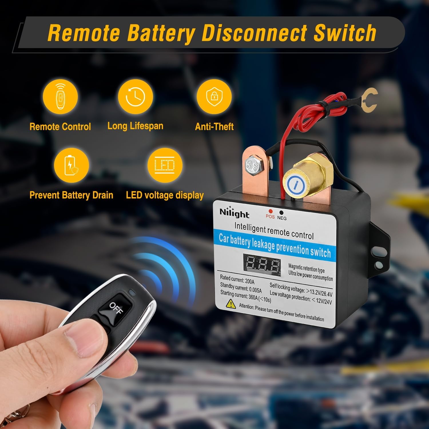 Nilight Remote Battery Disconnect Switch 12V 24V 360A Car Smart Anti-Theft Kill Switches Upgrade Prevent Power Drain with Wireless Remote Control Relay Fobs Voltmeter Display for Auto Truck RV Boat