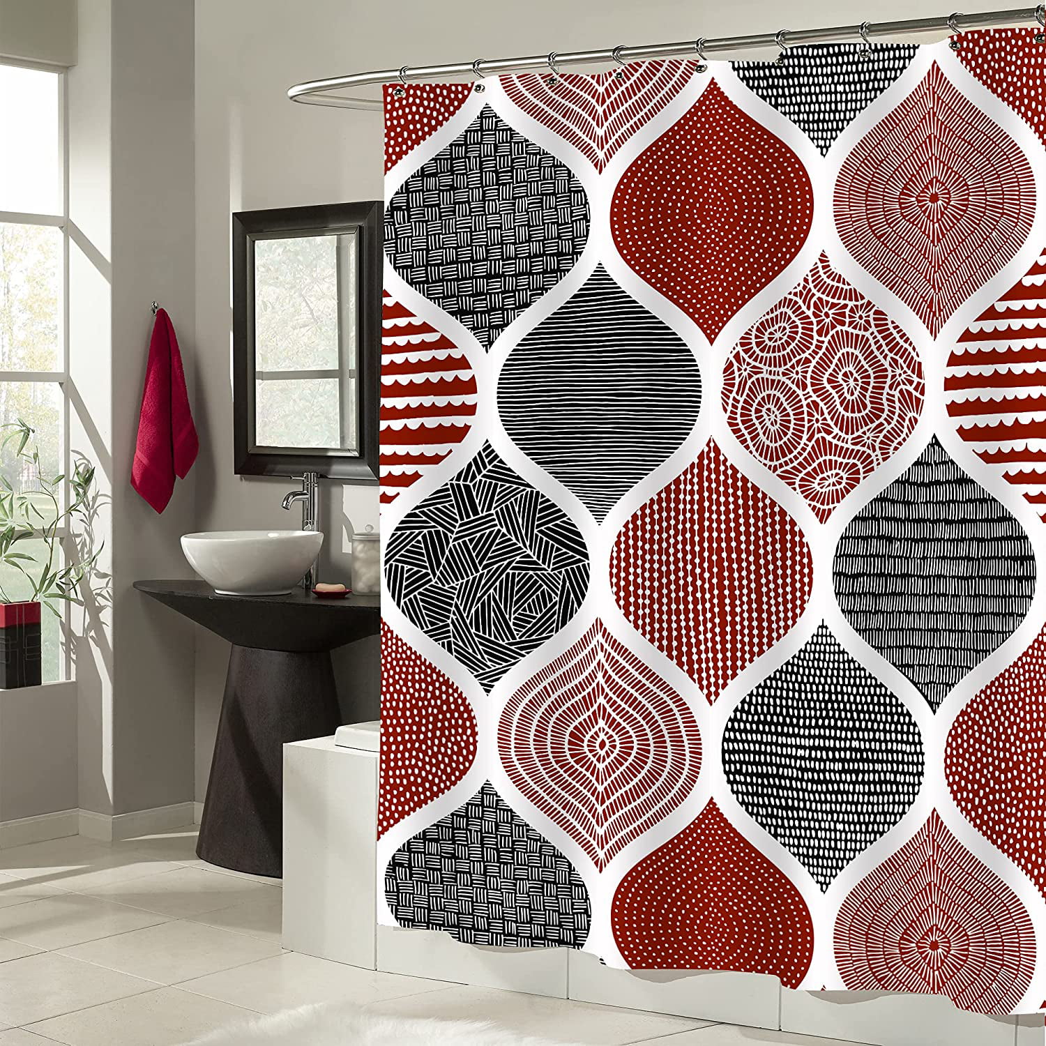 Abstract Red and Black 72" Shower Curtain Liner Waterproof Fabric Bathroom Hooks 
