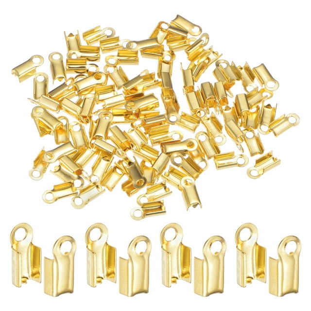 Uxcell 100pcs Fold Over Cord Ends 3mm Brass Crimp Cap Clasp Tips for DIY Leather Ribbon Craft Making, Gold Tone