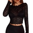 thumbnail image 2 of VBVC Women's Floral Lace Long Sleeve Crop Top , Ladies' Sheer Scalloped Trim Blouse , Breathable Party Clubwear Tops For Women,Black,S-XL, 2 of 8