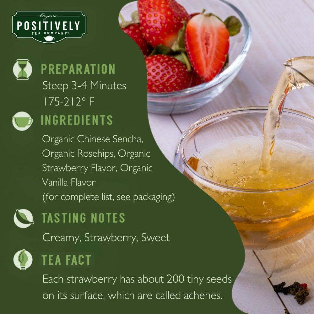 Positively Tea's Organic Strawberries and Cream Tea, Green Tea Bags, 120 CT Tea Bags 6 Boxes
