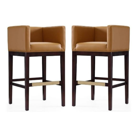 Home Square 38" Faux Leather Barstool in Camel Brown & Dark Walnut - Set of 2