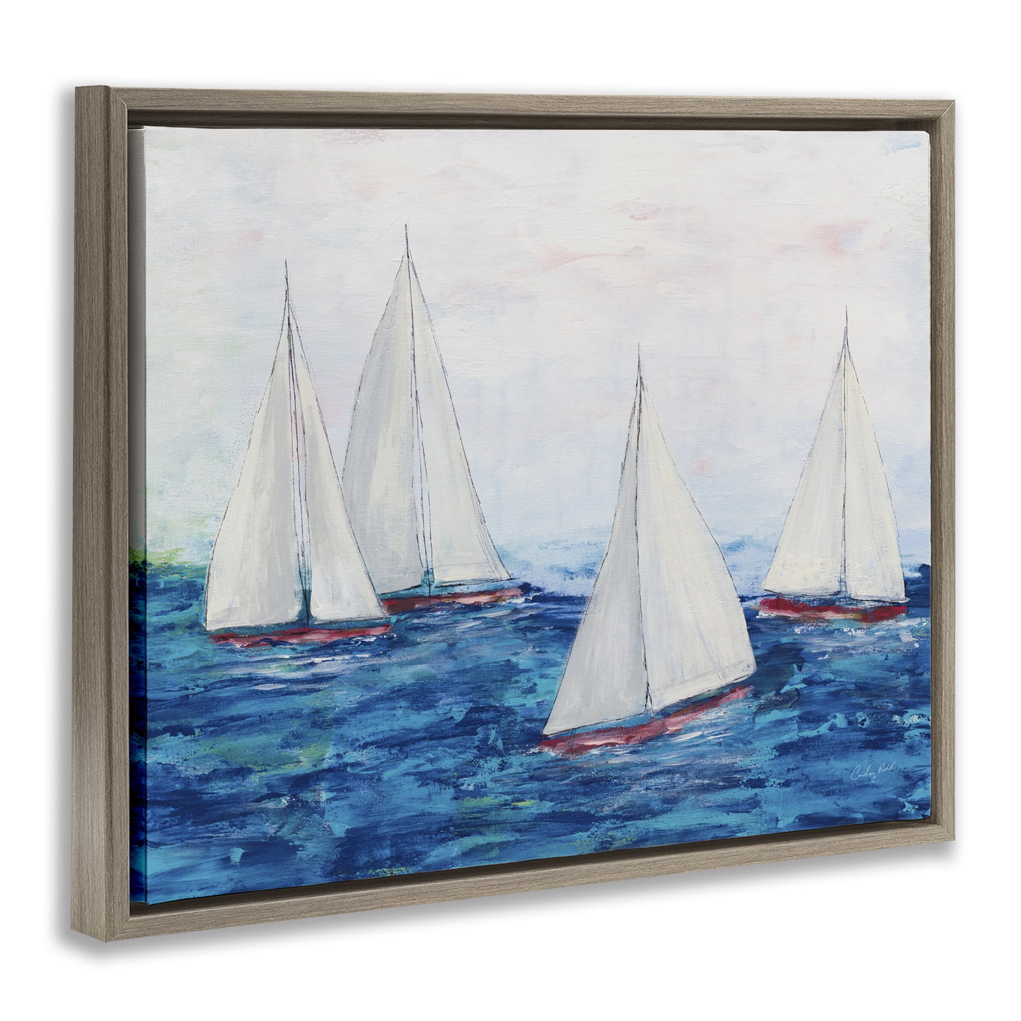 Stupell Industries Sailboat Fleet on Ocean Coastal Painting Brown Floater Framed Canvas Art Print Wall Art, 31 x 25