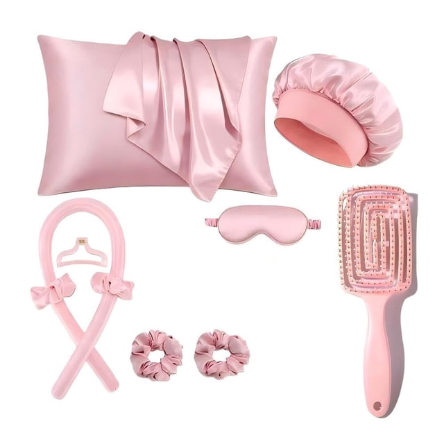 Rizadores de Cabello Sin Calor 10 Piezas, Gorro para Dormir, Kit de Ondas Sin Calor Con Pinzas para el Cabello y Coletero,funda de almohada, Antifaz para Dormir, Peine y 2 Diademas de Satén