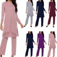 thumbnail image 2 of GENEMA Women Muslim 2 Pieces Outfit Hollow Out Split Long Sleeve Tunic Tops Pants Set Solid Color Abaya Dress Hijab Robe Kaftan, 2 of 19