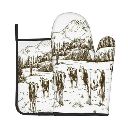 

Bingfone Cows Grazing On The Meadow 2 Print Oven Mitts Pot Holders Set 2 PCS for Kitchen for Cooking Grilling Baking BBQ Pot Holders Cook Essentials
