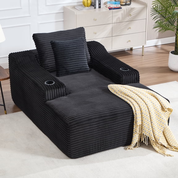 Leumius 67" Oversized Chaise Lounge Chair Indoor,Soft Boneless Cloud Couch with 2 Pillowsand 2 Cup Holders, Comfy Corduroy Sleeper Couch for Living Room Bedroom,No Assembly Required,Black