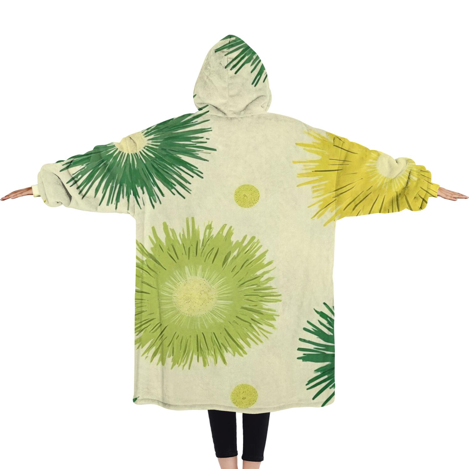 Oversized Wearable Blanket Hoodie,Green Yellow Dandelion Pattern Sherpa Blanket Hoodie with Super Pockets,Super Warm Fuzzy Pullover for Women & Men