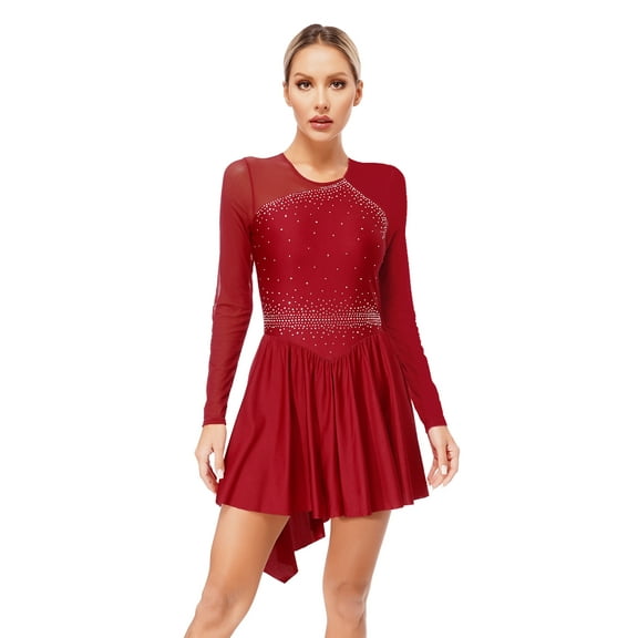 Linjinx Women Rhinestone Figure Skating Dress Mesh Long Sleeve Roller Skating Lyrical Dancewear Burgundy XL