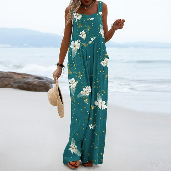Sentmoon Womens Overalls Boho Floral Print Loose Wide Leg Rompers with Pockets Thin Strap Square Neck Sleeveless Plus Size Jumpsuits Summer Lightweight Womens for Beach Vacation Sky Blue S