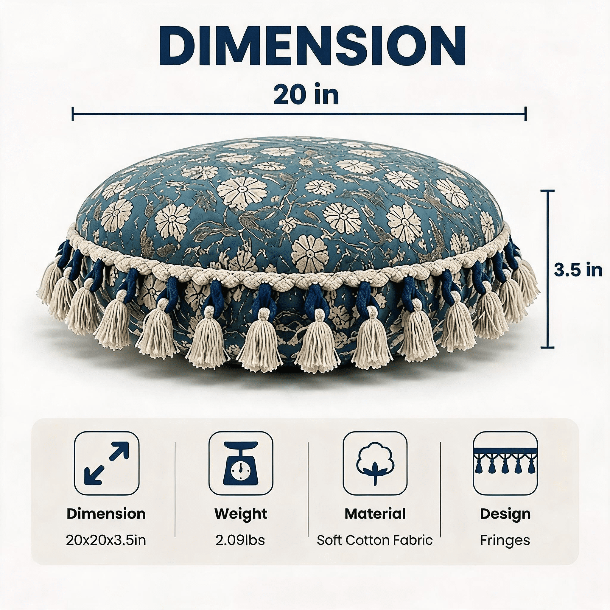 Printed Floor Cushion with Tassels 20x20x3.5 Inch Bohemian Floral Cotton for Living Room Meditation