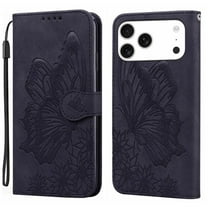 For iPhone 17 Pro 6.3" Large Butterfly Pattern Embossed Strong Magnetic Attachment/Closure, Card Slots/Pocket, PU Leather Flip Wallet Case ﻿,Black,For iPhone 17 Pro