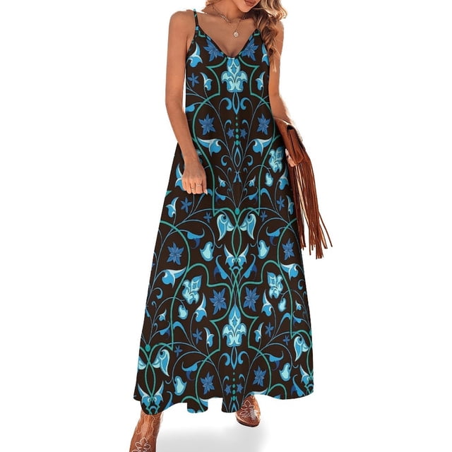 Vestido largo elegante con hojas barrocas y estampado floral dorado, escote en V, estilo bohemio, para playa, con tirantes, estético, de gran tamaño