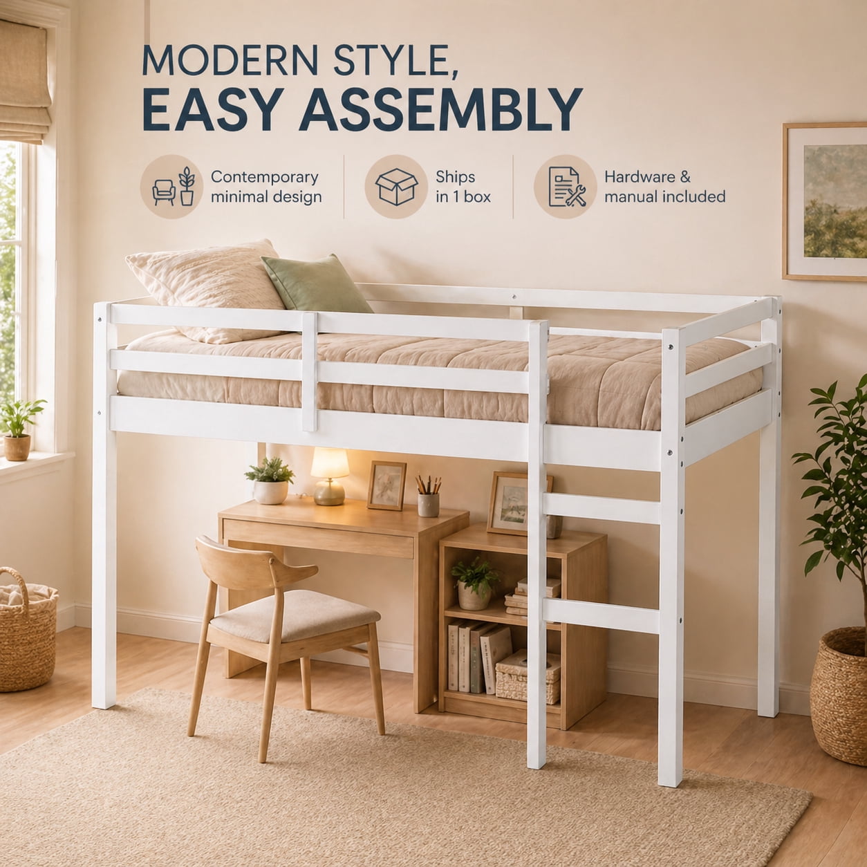 Miniyam Twin Loft Bed for Kids, Solid Wood Frame with Ladder and Guardrails, Space-Saving Design, White