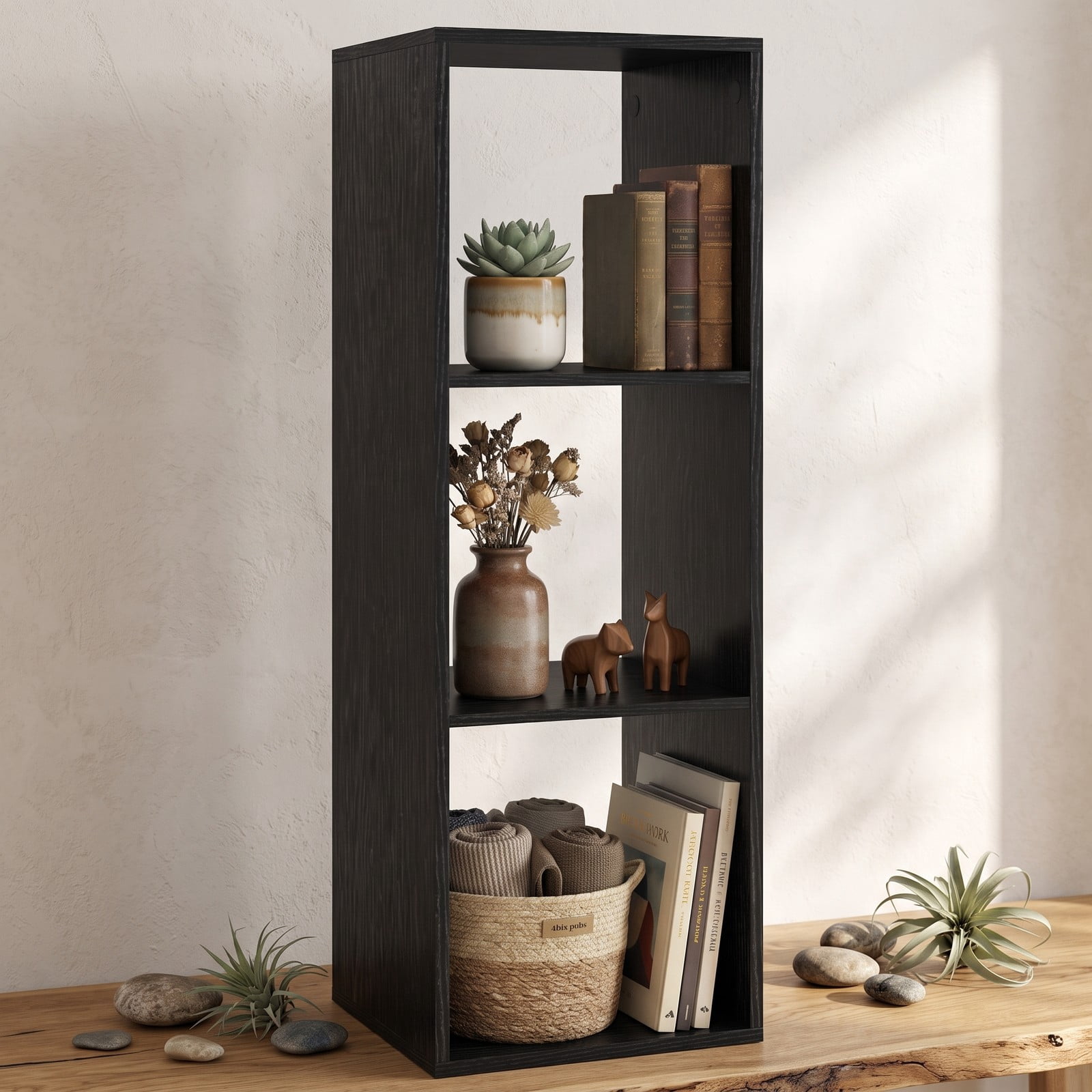 Furnibear 3 Cube Bookshelf with Back Guardrail, Engineered Wood Cube Storage Organizer Bookcase Display Shelf for Living Room Bedroom Home Office with, Black