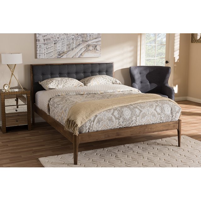 Baxton Studio Jupiter Mid-Century Modern Grey Fabric Upholstered Button-Tufted Queen Size Platform Bed