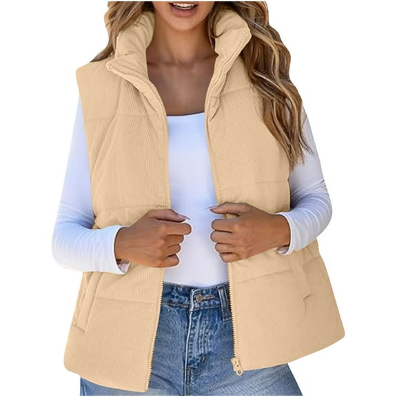 Corduroy Puffer Vest Women, Stand Collar Corduroy Coat with Pockets, Cropped Zip Up Puffer Jacket Vest Winter Sleeveless Warm Lightweight