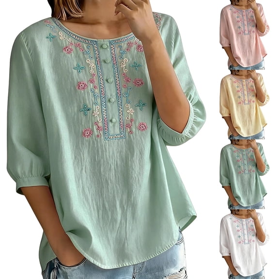 Women's Embroidered Blouses Summer Round Neck Embroidered Top 3/4 Sleeve Casual Boho Loose Lightweight Daily Shirts by Yigetop Green L