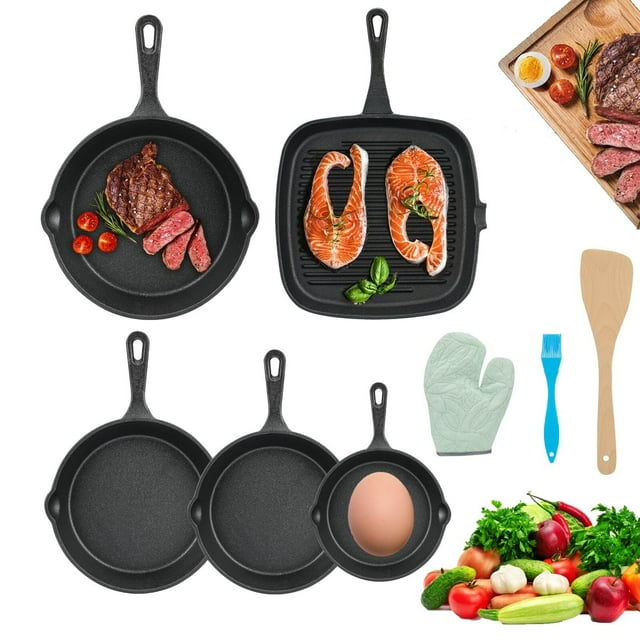 Sartenes de Hierro Fundido, Juego de 5 Sartenes, Sartenes Antiadherentes con Espátula y Guantes, Sartén de Hierro Forjado Grill, para Freír, Saltear, Filete, Salmón - 10/14/16/20/24cm (240mm)