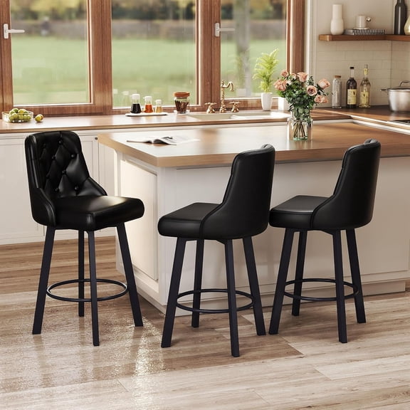 ralex-chair Swivel Barstools Set of 3, 26’’H Modern Counter Height Barstool with Metal Legs,Faux Leather Upholstered Bar stools with Back for Kitchen Island, Dining Room, Pub - Black