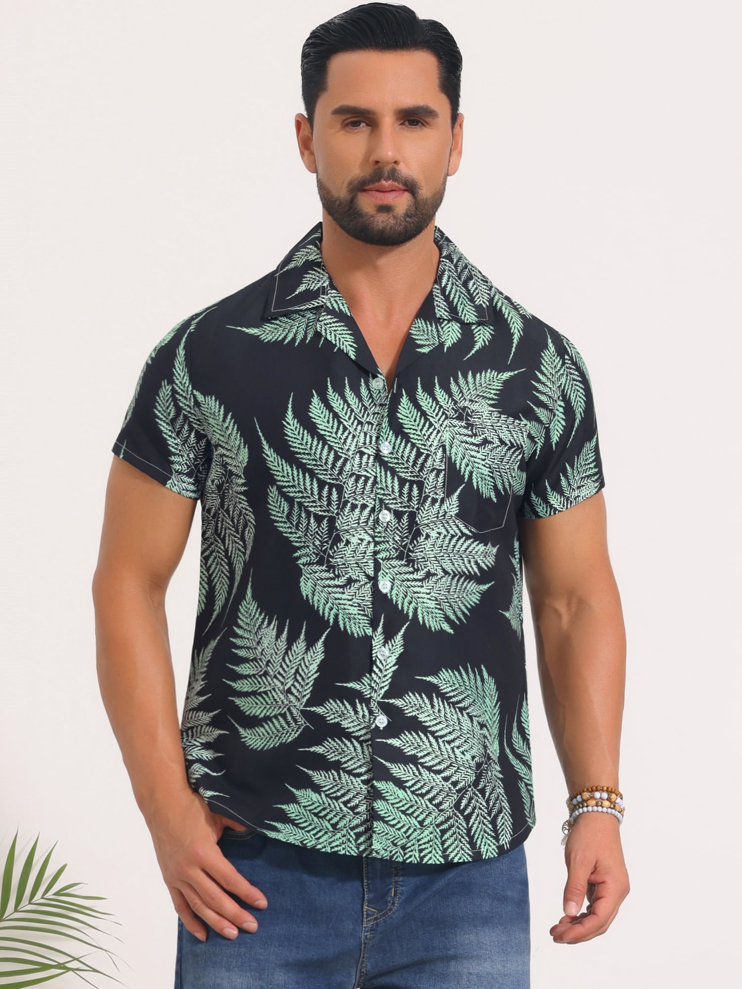 DARING DIVA Men's Short Sleeve Button Down Camp Collar Leaf Print Shirts XL Black Green