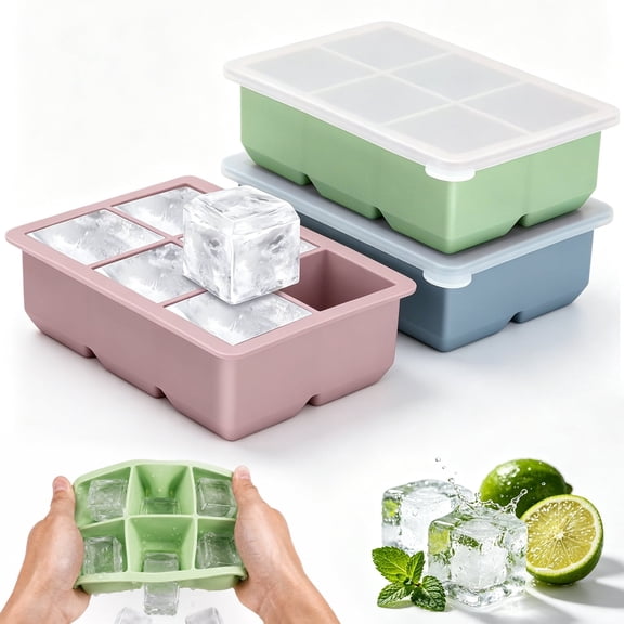 MOJINO Ice Cube Tray, 3-Pack Large Silicone Ice Cube Trays for Freezer with Lids, 6 Cavities Each, 18 Easy-Release Ice Molds for Whiskey, Cocktails, Coffee and Drinks