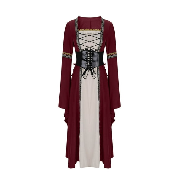 AUNVITO Women's Vintage Gothic Bustier Dress Square Neck Long Sleeves Flared Sleeves Lace-up Lace Trim Long Figure-flattering Dress