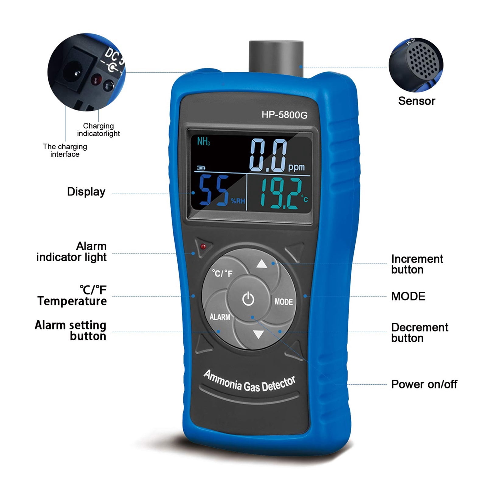 Hp-5800G Ammonia Gas Detector Tester Monitor,Particle Detector Professional Meter For Industry,Home,Factory,Air Purifier Quality