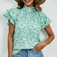 thumbnail image 4 of Lovskoo 2024 Womens Summer Tops Casual Ruffled Mock Neck Floral Print Shirts Smocked Ruffle Short Sleeve Babydoll Blouses Green XL, 4 of 7