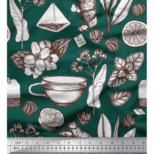Soimoi Poly Georgette Fabric Tea Cup,Lemon Slice & Ginger Vegetable Print Sewing Fabric Yard 52 Inch Wide
