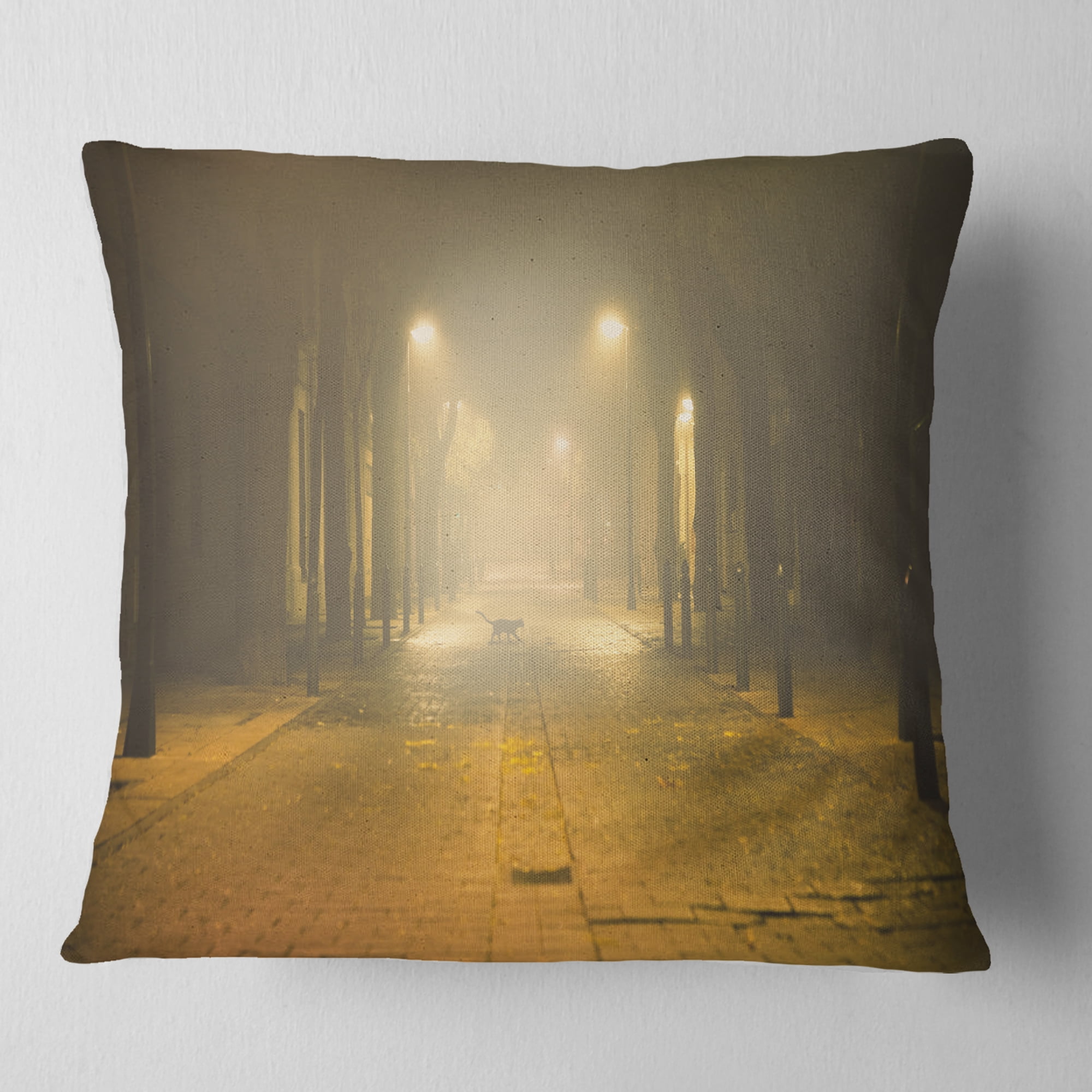 Designart Urban Street at Night - Landscape Photo Throw Pillow - 18x18