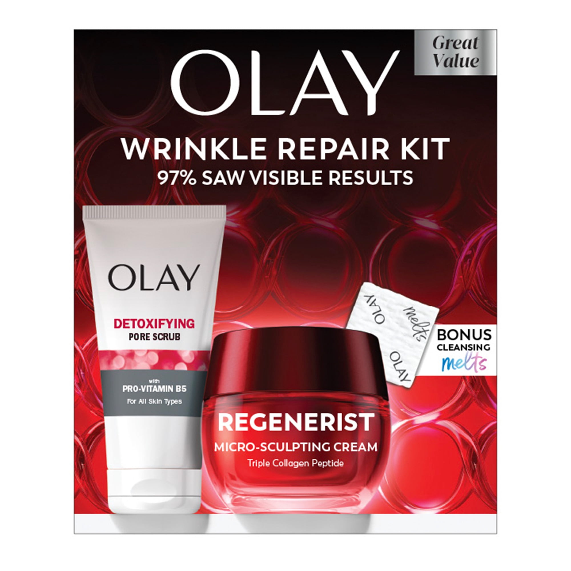 Olay Anti-Aging MSC Duo Pack: Micro-Sculpting Cream with Triple Collagen Peptide + Detoxifying Cleanser + Retinol Cleansing Melts, 12 Count