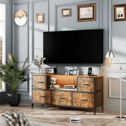 GIKPAL Modern Wood  Top TV Stand for 50 inch, Brown Bedroom Cabinet with 5 Fabric Drawers, Adjustable Feet