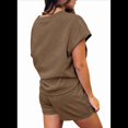 thumbnail image 3 of Conjunto de Pijama de 2 Piezas para Mujer, Color Liso, Cuello Redondo, Informal, de Tela Texturizada, Corta, Color Café, XL, 3 of 7