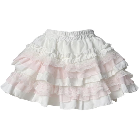 Byfri Sweet Lace High Waist Dot Mini Skirt, Y2K Layered Ruffle Short Skirt for Party, Pink 65-75cm