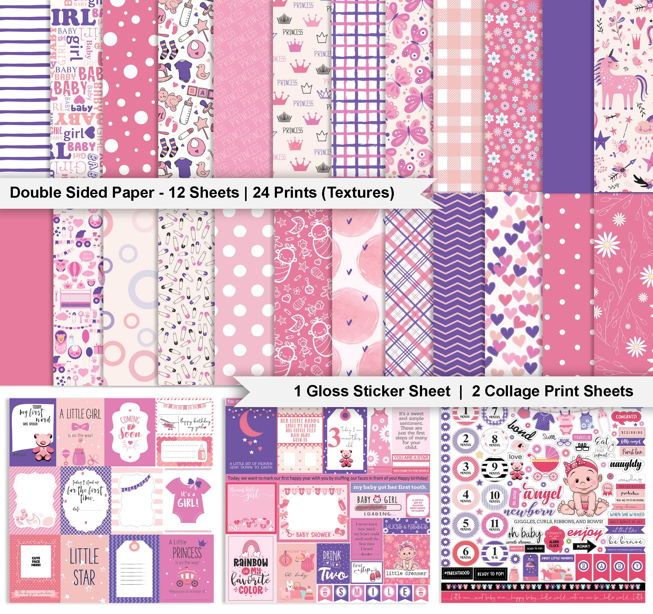 Inkdotpot Pink Baby Girl Theme Collection Double,Sided Scrapbook Paper Kit Cardstock 12"x12" Card Making Paper Pack Of With Sticker Sheet - 16 Pages - Baby Pink