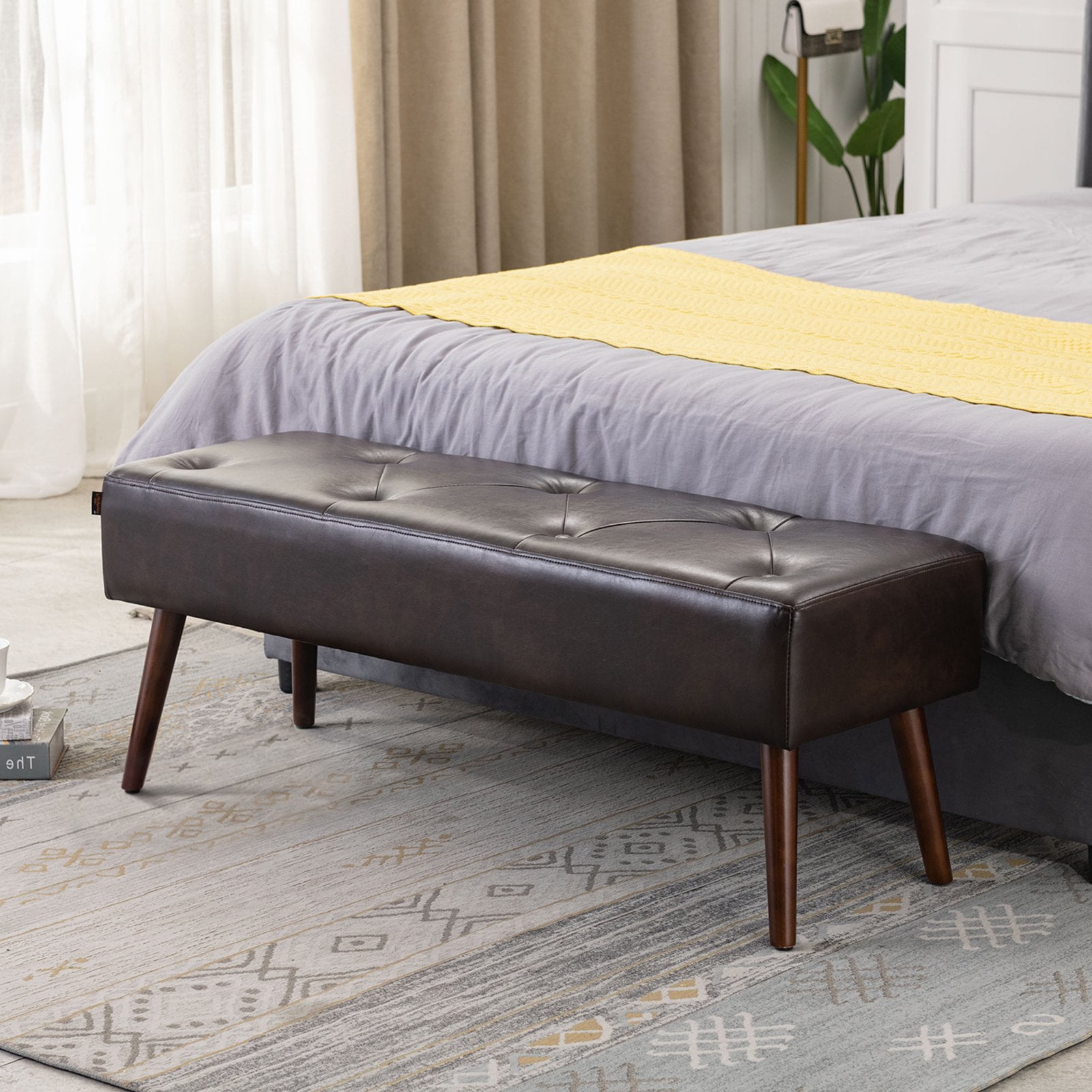 Faux Leather Bed Ottoman Bench Tufted Button Entryway Benches,Black Brown