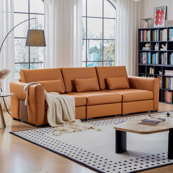 108.7"W Orange Leather Sofa with Wide Square Arms, Mid Century Modern 4 Seater Deep Seat Upholstered Couch with 3 Pillows, for Living Room