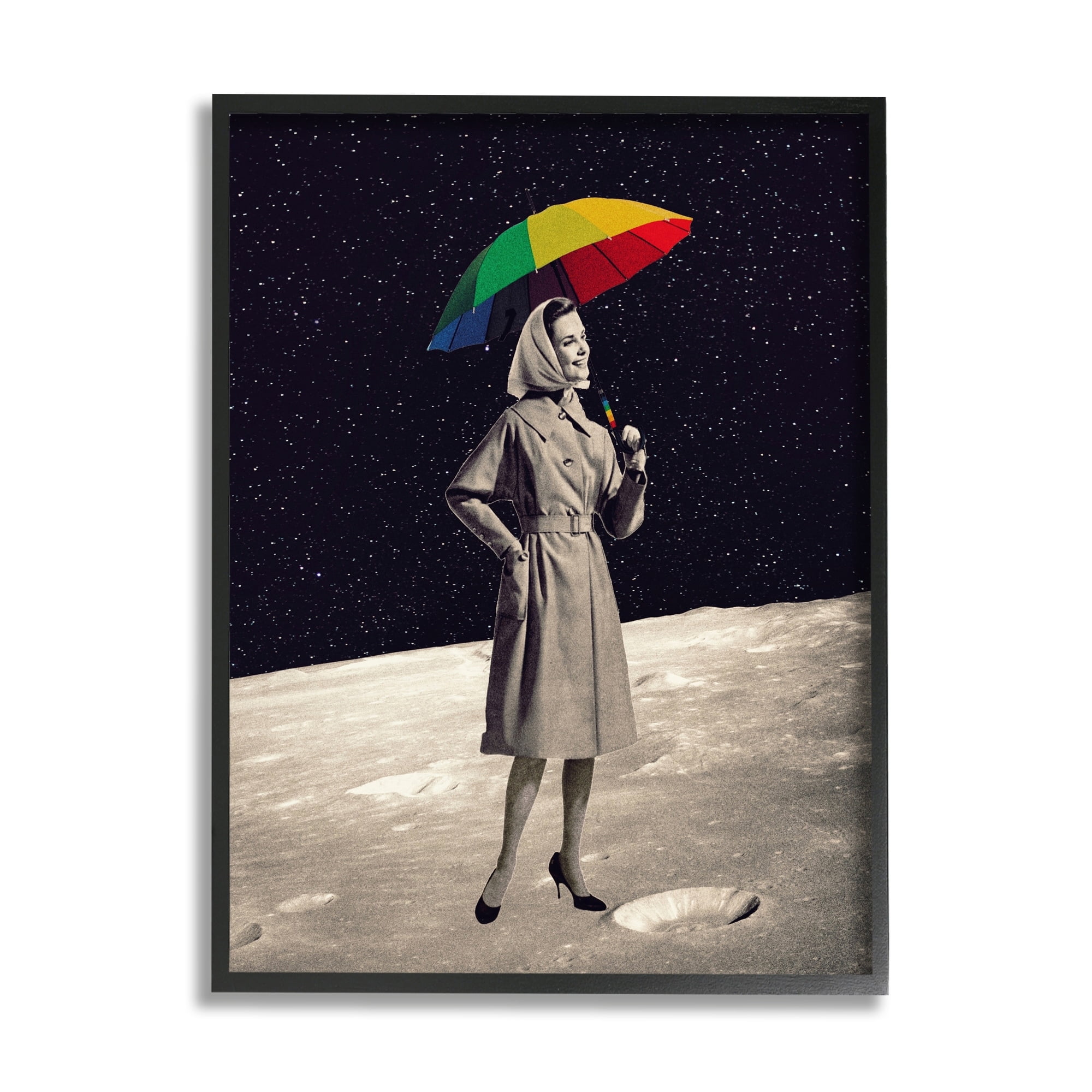 Stupell Industries Vintage Woman Outer Space Moon Rainbow Umbrella Framed Wall Art, 16 x 20, Design by Daniel Sproul