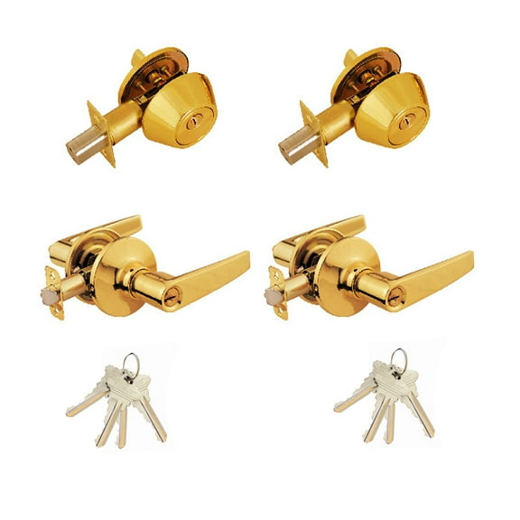 Polished Brass Entry Lock Set Door Lever Handle and Deadbolt Keyed Alike SC1 Keyway. 16 Total Keys, Keyed Alike by Set