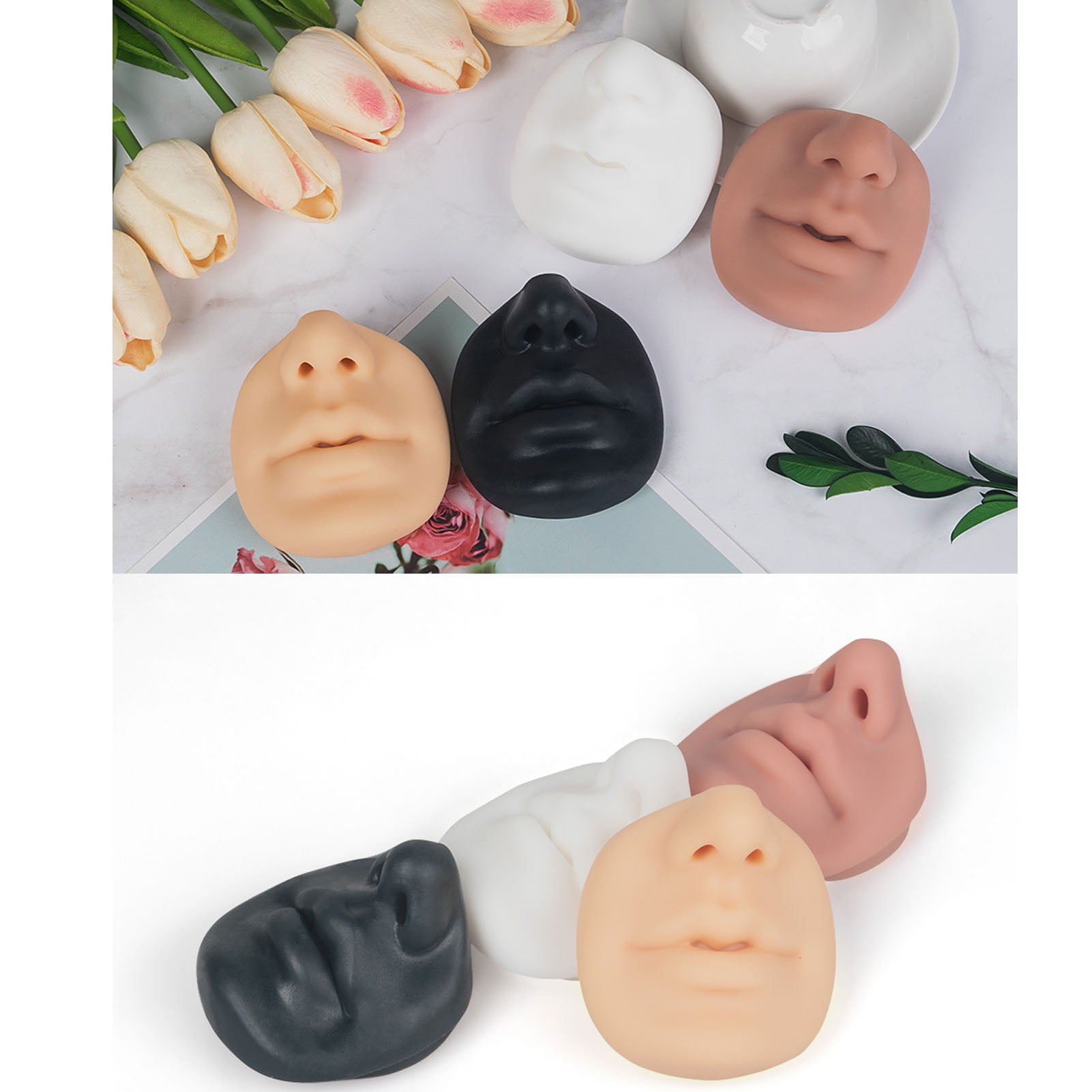 Riousery 4pcs 3D Silicone Piercing Practice Lips and Nose Face Model, Reusable Body Part Skin for Makeup Microblading Training, Semi Permanent Jewelry Display (2.95x2.76 in / 7.5x7 cm)