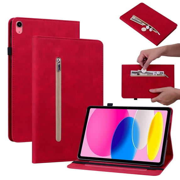TECH CIRCLE Case for iPad 10th Generation 2022, PU Leather Shockproof Protective Card Slots Zipper Pocket Multiple Viewing Angles Stand Auto Wake/Sleep Wallet Case For Apple iPad 10th Gen,Red