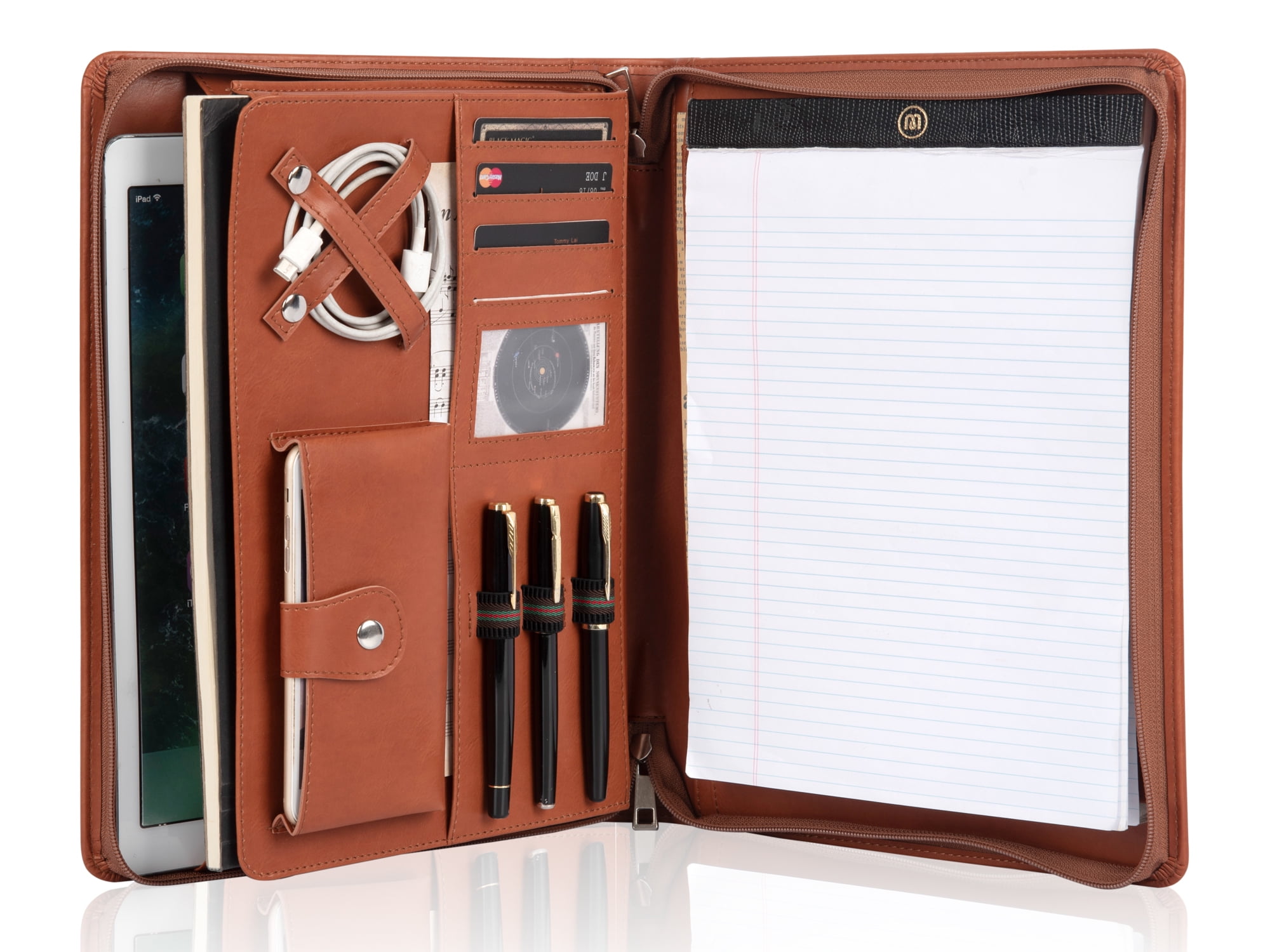 AZXCG Padfolio Folder A4, PU Leather Portfolio with Letter-Sized Writing Pad, Zipper Business Multifunction, Brown