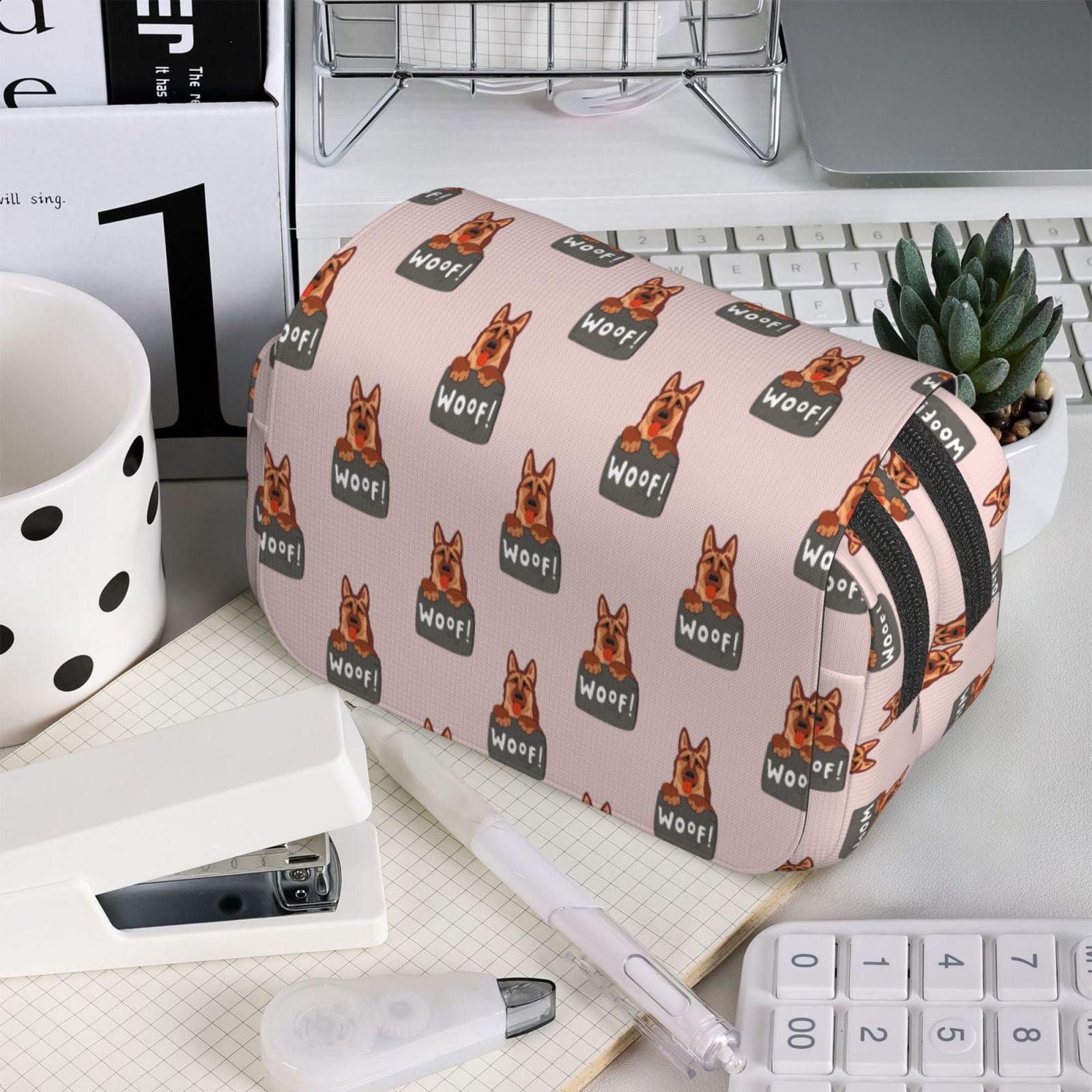 Rateoe German Shepherd Dog Pattern Double Clamshell Pen Case, Storage Organizer with Two Zipper Compartments– Holds Up to 50 Pencils & Pens
