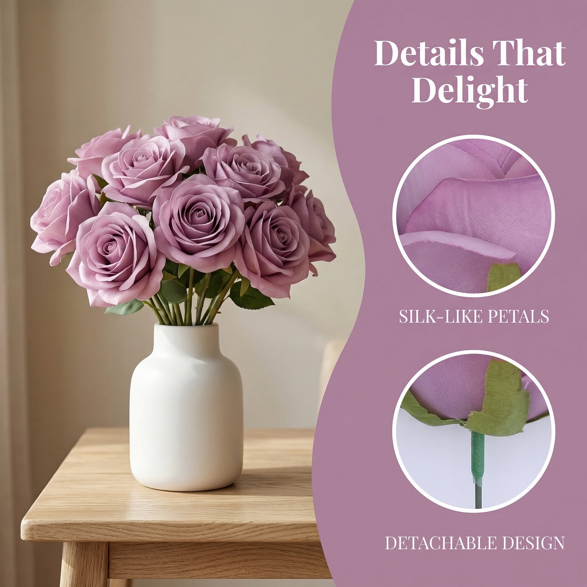 Unique Bargains Artificial Roses Silk Detachable Heads Bouquet for Crafts Purple 5.9 in