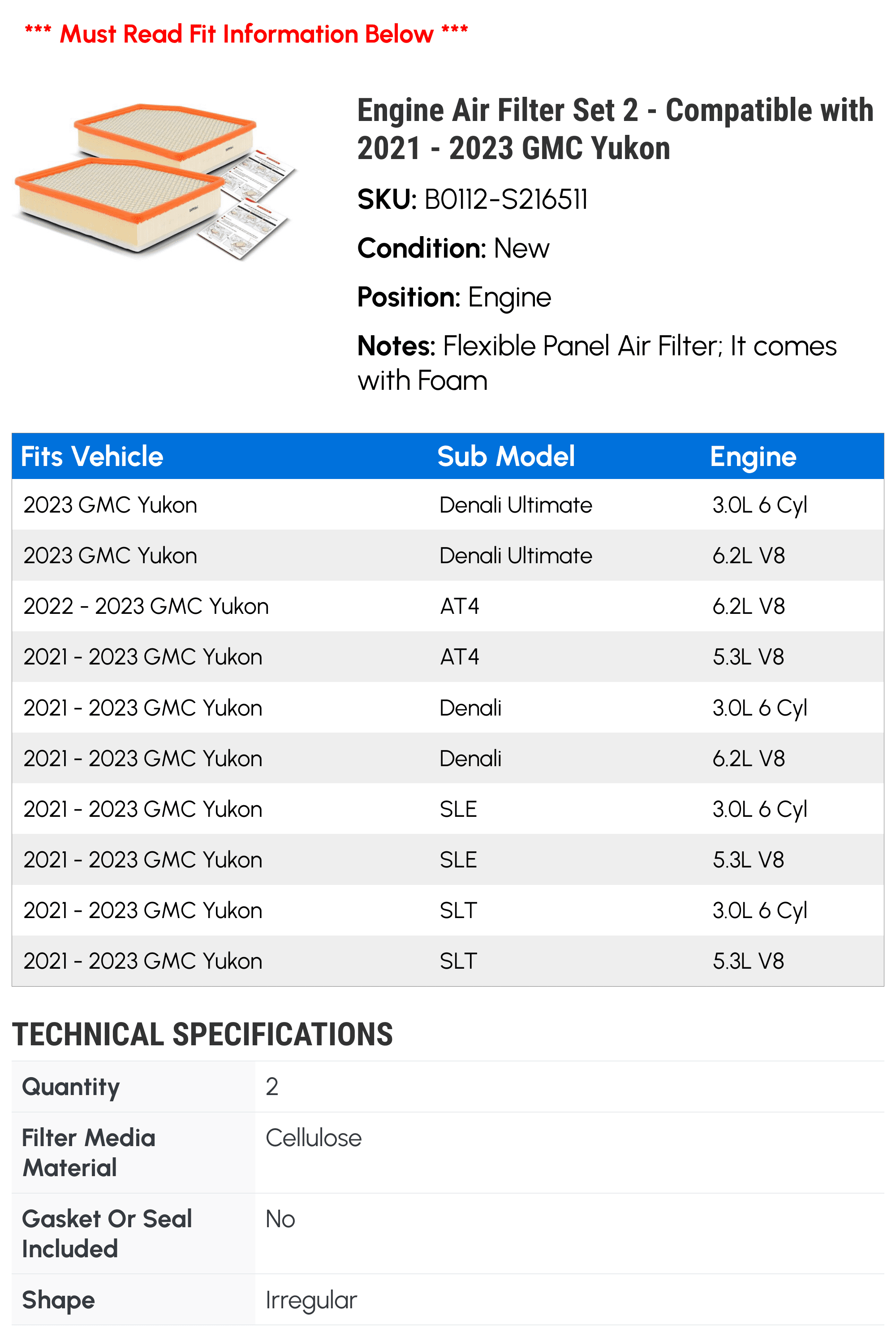 Engine Air Filter Set 2 - Compatible with 2021 - 2023 GMC Yukon - Autopart Premium