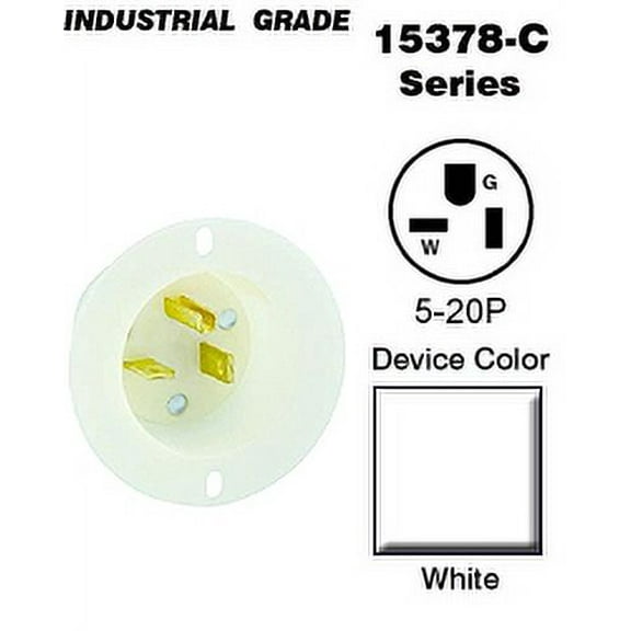Leviton 15378-C Flanged Inlet, 5-20P 20 Amp 125 Volt Industrial Black and White - White